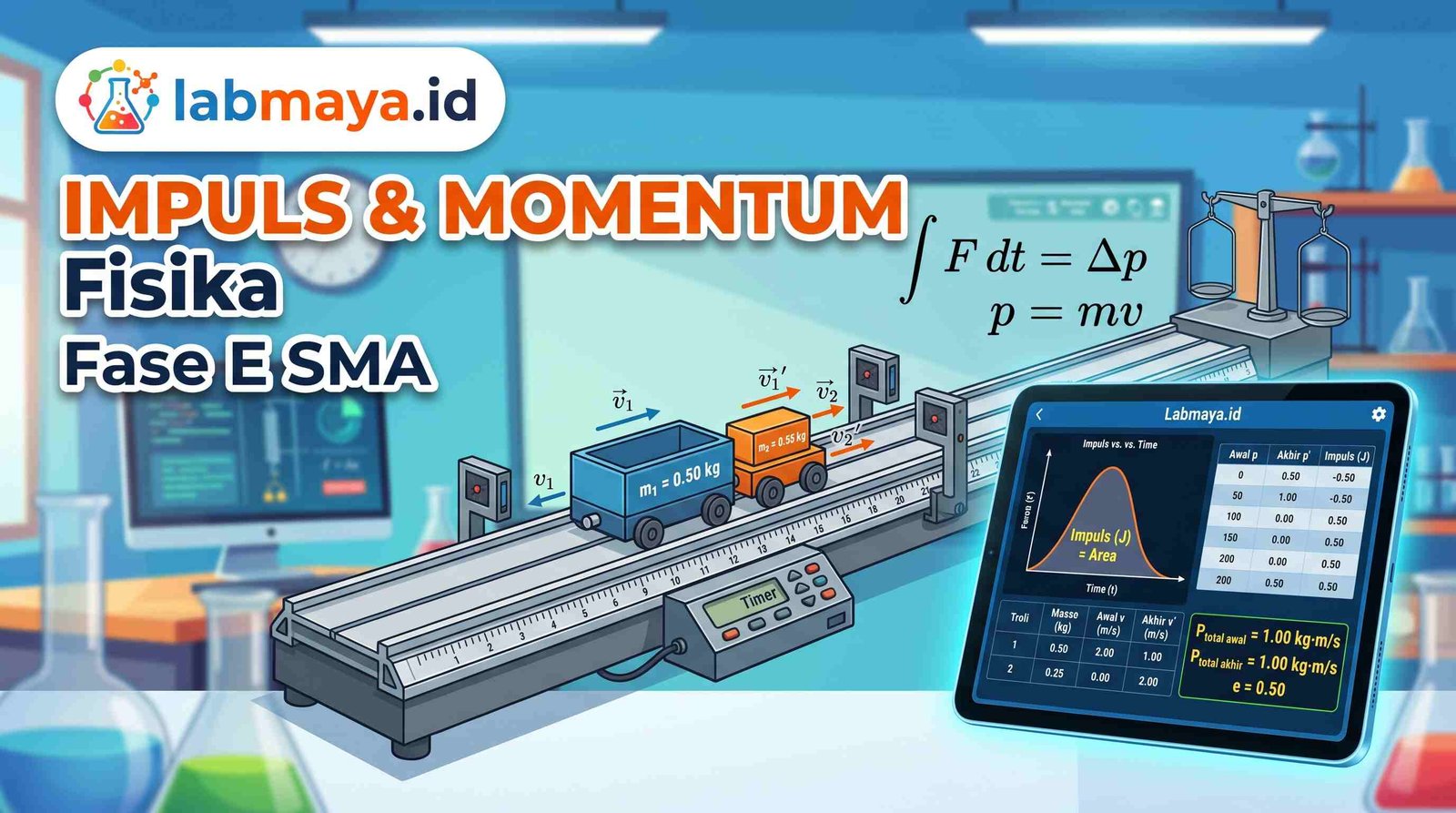 Ilustrasi simulasi Momentum dan Impuls — tumbukan benda